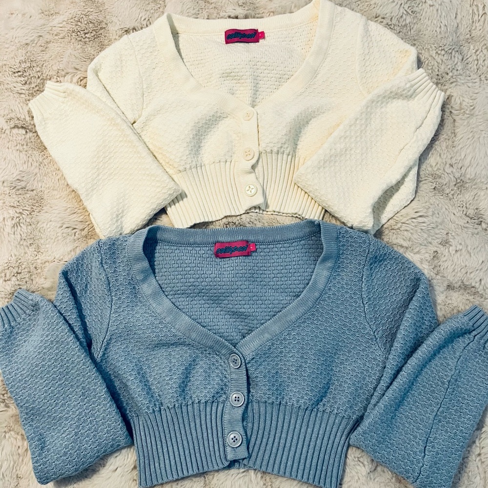 Edikted Baby Blue and Cream Cropped Cardigan Set